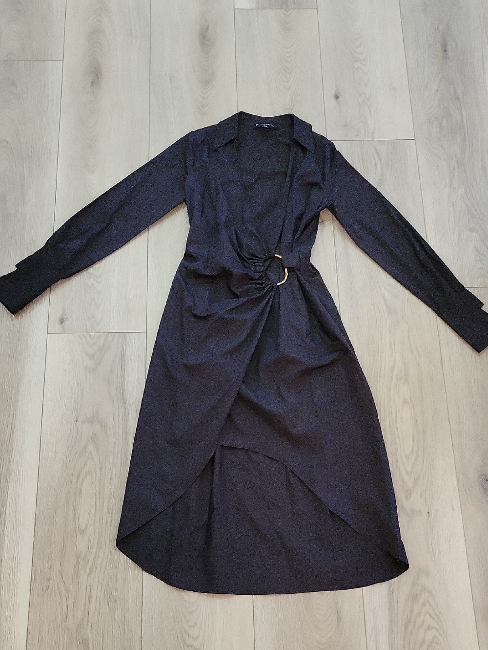 Boston Proper Black Long-Sleeve High-Low Wrap Dress with Ring Detail
